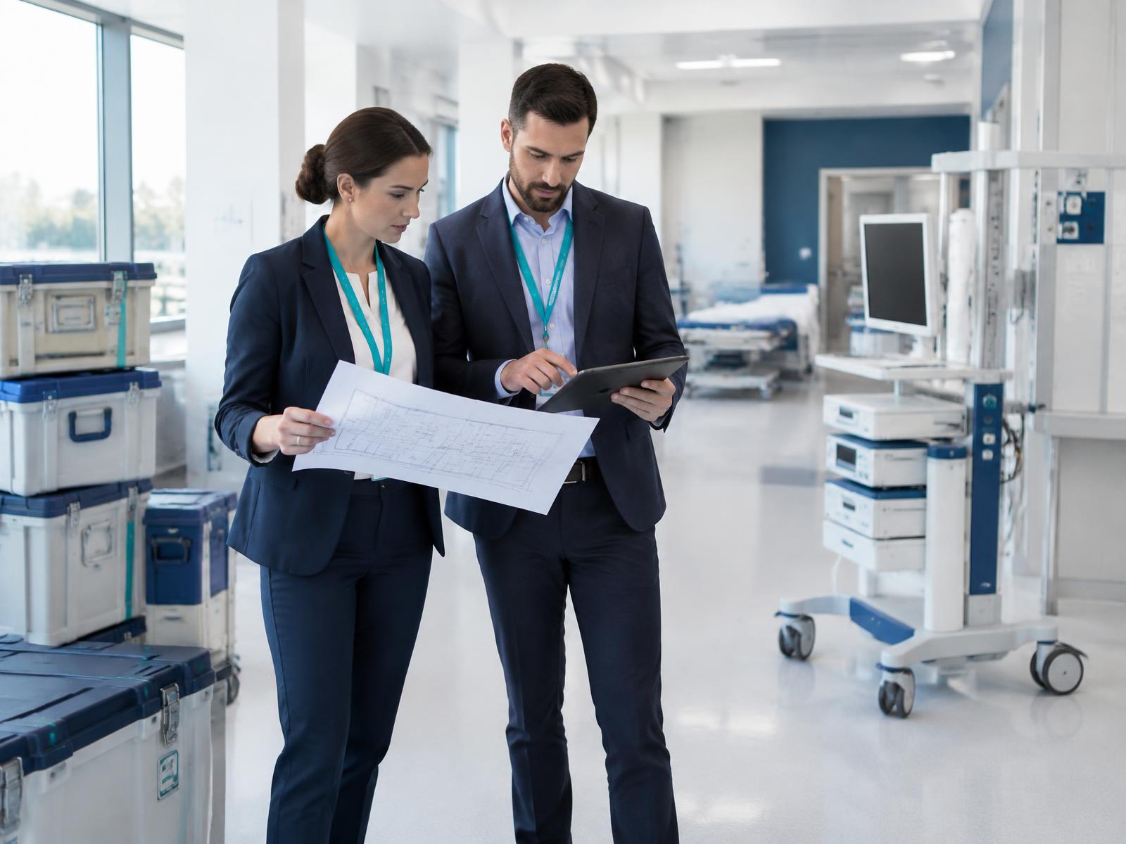 Profesionales revisando planos y equipamiento dentro de una instalación hospitalaria